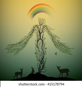 tree looks like with animals and birds under his branches hand, forest god, spirit of the forest, vector