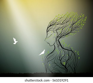  tree looks like woman with birds, spring portrait abstract, woman nature, tree`s dream, vector