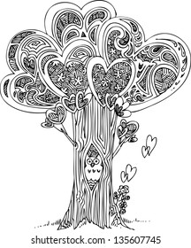 Tree of love with cute howl. Black and white vector