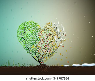 tree love in four season, romantic time for whole tear, tree looks like heart in four season of the year and  grow on soil, Valentine`s day for whole year, vector