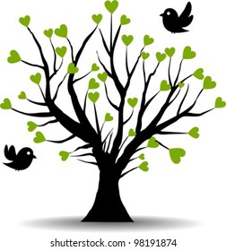 tree love with green hearts, spring of love - vector illustration