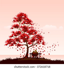 Tree of love from red hearts. Romantic dating couple silhouette under love tree.
