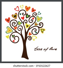 The tree of love. Vector postcard, a tree with bright hearts instead of leaves and with an inscription on a transparent background. Underlay imitating shadow.