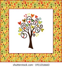 The tree of love. Vector postcard, a tree with bright hearts instead of leaves, decorated in a decorative frame, on a transparent background.