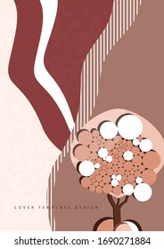 Árbol con frondosos follajes de círculos brillantes sobre un fondo ondulado. El concepto de ecología, producto natural. Ilustración vectorial para su diseño.