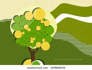 A tree with lush foliage of bright circles on a wavy background. The concept of ecology, natural product. Vector illustration for your design.