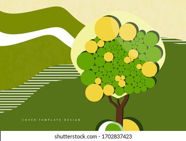 A tree with lush foliage of bright circles on a wavy background. The concept of ecology, natural product. Vector illustration for your design.