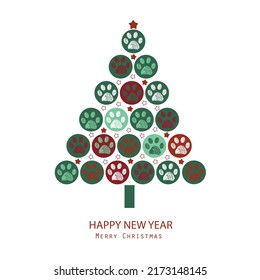 Tree made of circle and paw prints creative cat dog lovers merry christmas happy new year greeting card