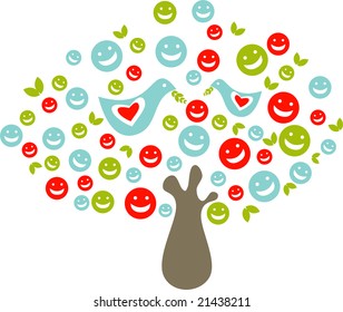 Tree made with happy faces in blue, red and green colors, with two doves inside symbolizing the peace and love
