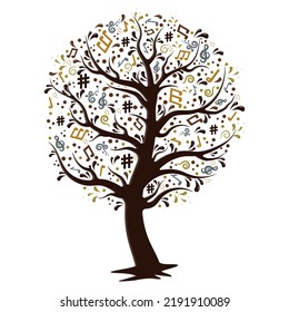A tree made of musical notes, isolated on a white background, multicolored silhouette, Vector illustration.