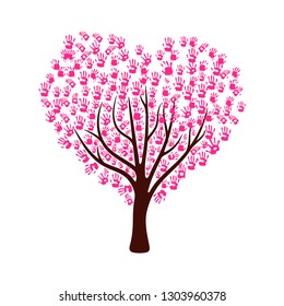 Tree made from pink color hand prints in heart shape leaves. for Valentine card, Vector illustration