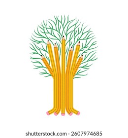 Tree made from yellow pencils forming the trunk and branches. The image symbolizes growth  knowledge  and the power of creativity rooted in education.