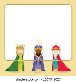 The tree magic kings holding a frame card. Spanish Dia del Reyes