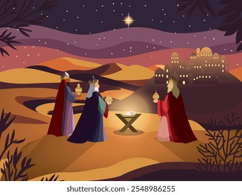 The tree magic kings. Nativity scene. Wise men and a baby jesus with northern star.