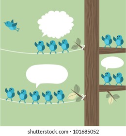 A Tree With Many Birds And One Flying Away While The Others Are Waving The Bird Goodbye . Vector Illustration.