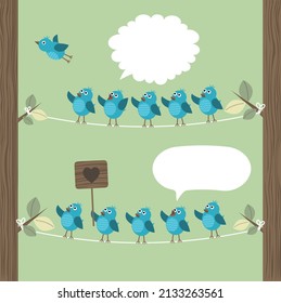 A Tree With Many Birds And One Flying Away While The Others Are Waving The Bird Goodbye. Vector Illustration.