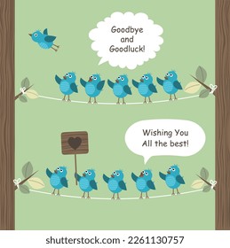 A tree with many birds and one flying away while the others are waving the bird goodbye. Vector illustration.