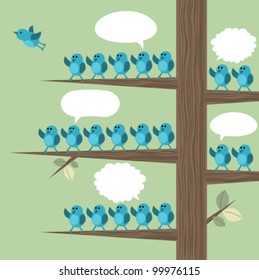 A Tree With Many Birds And One Flying Away While The Others Are Waving The Bird Goodbye. Vector Illustration.