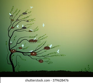 tree with many nests and flock of blue birds flying, spring nesting, vector