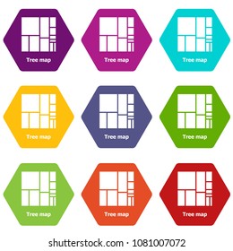 Tree map icons 9 set coloful isolated on white for web
