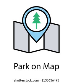 
A tree in map pointer over folded map, icon design of park location
