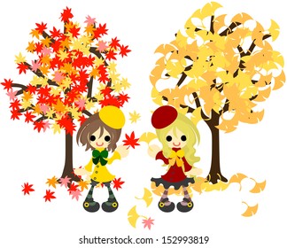 The tree of maple and the tree of ginkgo, and the girl of two.
