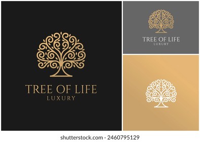 Árbol Arce Oak Elm Life Branch Stem Twig Curly Line Art Ilustración de diseño de logotipo de Vector de lujo dorado