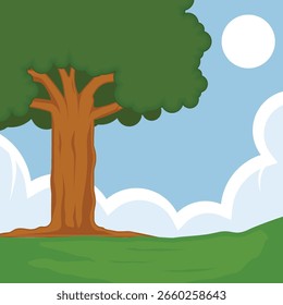 árvore no prado paisagístico vetor modelo de ilustração design gráfico. planta no sinal da natureza ou símbolo para o conceito de desenho animado de campo sempre verde