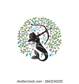 Tree Mermaid Archer  logo design template. silhouette of a mermaid archer with round tree concept, suitable for a business logo 