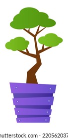 Árbol en miniatura - diseño plano moderno estilo simple imagen aislada. Ilustración minuciosa de bonsai verde en una olla de madera. Jardinería oriental, zen, flora, planta, botánica y idea de arte ikebana