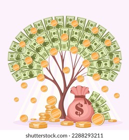 Tree of money and a bag of money. Dollar bills and golden rain from coins. The concept of wealth and success, profit and savings, money and finance management. Vector illustration.