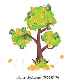 Tree with money bills and gold coins on green foliage isolated on white background vector illustration. Money tree with dollar bills and coins on leaf crown isolated on white background vector design