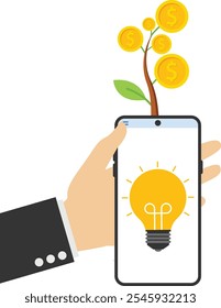 árvore de dinheiro da ideia bulbo no celular, ilustração vetor conceito de marketing online

