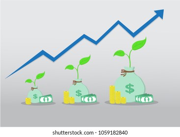 tree with money is grow up and blue arrow is high up
