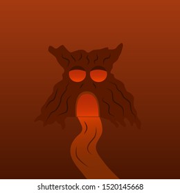 Tree monster with luminous eyes and a cave, road. Halloween illustration