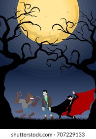Tree monster standing pose between the dead trees in the halloween night under the glow big moon, vector illustrator.