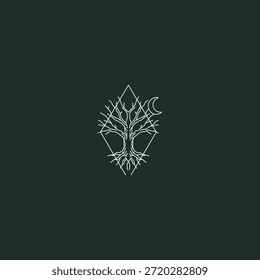 Logotipo da arte da linha da árvore e da lua representando equilíbrio, natureza e noite calma.