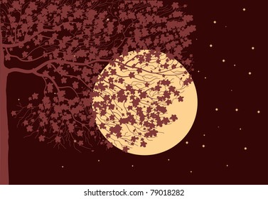 Tree in moon night with bright stars.Vector Illustration