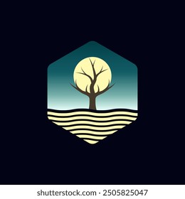 A tree with the moon in the sky. Suitable for t-shirt design, background, logo.