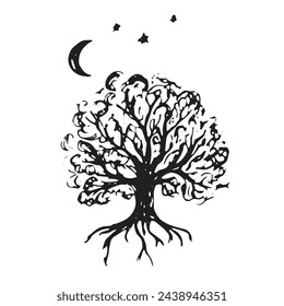 Tree with moon and stars in vector. Stylised tree with roots in vector.