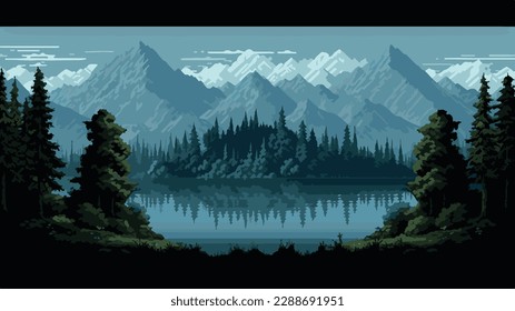 Tree and mountain with lake view background illustration. with cartoon art style