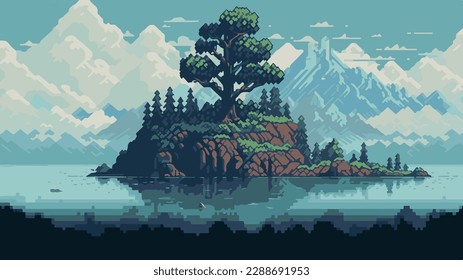 Árbol y montaña con ilustración de fondo con vista al lago. con estilo de arte de dibujos animados