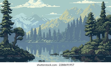 Tree and mountain with lake view background illustration. with cartoon art style