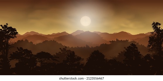 tree and mountain landscape with hills and forest silhouette under sky and fog, Vector illustration