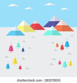 tree and mountain landscape in winter with colorful, vector illustration 