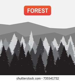 tree mountain silhouette. Coniferous pine forest vector illustration. Wild coniferous forest background