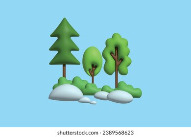 Tree, Mountain and Sun. Landscape concept. Realistic 3d object cartoon style. Vector colorful illustration.