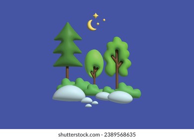 Tree, Mountain and Sun. Landscape concept. Realistic 3d object cartoon style. Vector colorful illustration.