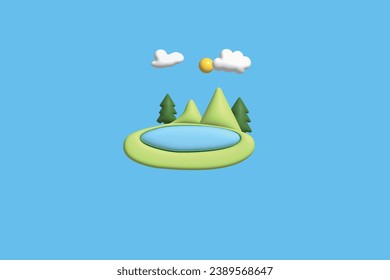 Tree, Mountain and Sun. Landscape concept. Realistic 3d object cartoon style. Vector colorful illustration.