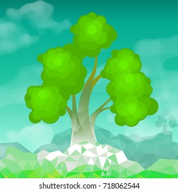 tree in the mountains on a green-blue background vector